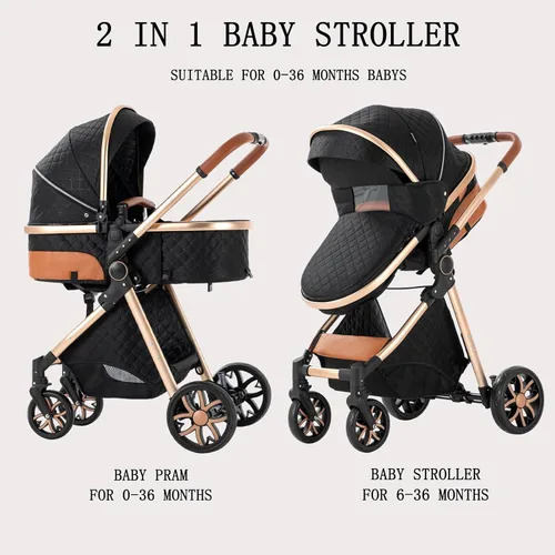 Vista 2 de Cochecito de bebé 2 en 1 con función de cochecito, plegable, portátil, cómodo, para bebés de 0 a 36 meses (negro)