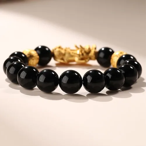Vista 5 de Pulsera Feng Shui Pixiu de obsidiana negra para hombres y mujeres, pulsera de Feng Shui para buena suerte y riqueza