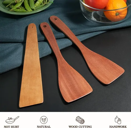 Vista 2 de 3 espátulas de madera, juego de espátulas planas de mango largo de 12 pulgadas para sartenes antiadherentes, cucharas de madera multiusos