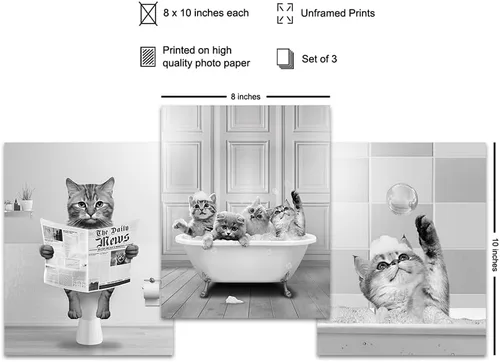 Vista 2 de Arte y decoración de pared de baño de gatos para niños, bonitas imágenes de baño de gatos para mujeres, decoración de baño pequeña, juego de baño