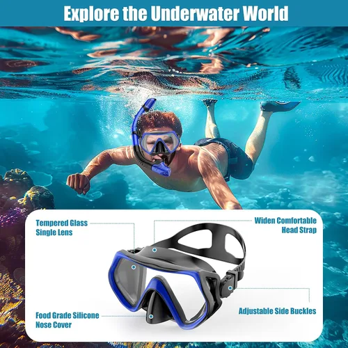 Vista 6 de Snorkeling Gear for Adults, Dry-Top Snorkel Set Scuba Diving mask, Snorkel Mask, Panoramic Anti-Leak Anti-Fog Tempered Glass Lens, Swimming Training