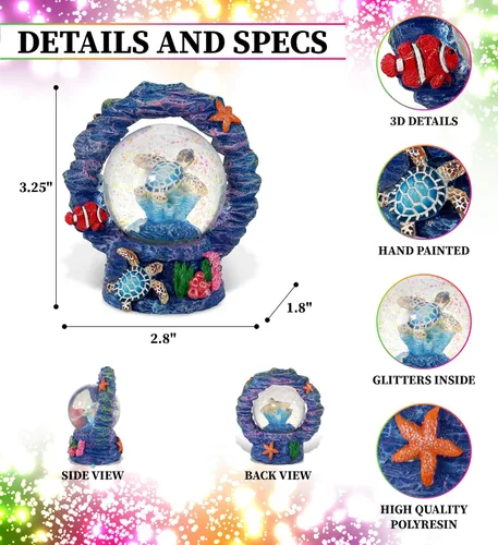 Vista 2 de CoTa Global Decoración de globo de nieve coral de tortuga marina, elegante purpurina rosa brillante dentro de la figura de globo de nieve, figuras