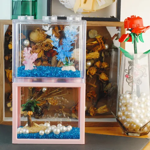 Vista 4 de Pequeño tanque de peces Betta, kit apilable de mini tanque de acuario con decoración de perlas de grava de acuario, pecera de 3/5 galones, tanque