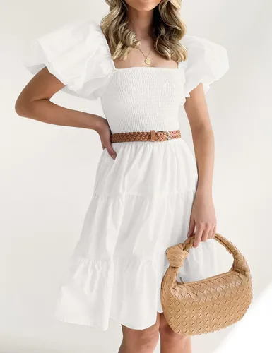 Vista 9 de ZESICA Vestido corto bohemio de verano para mujer, con cuello cuadrado, manga abombada, hombros descubiertos, fruncido, escalonado, casual