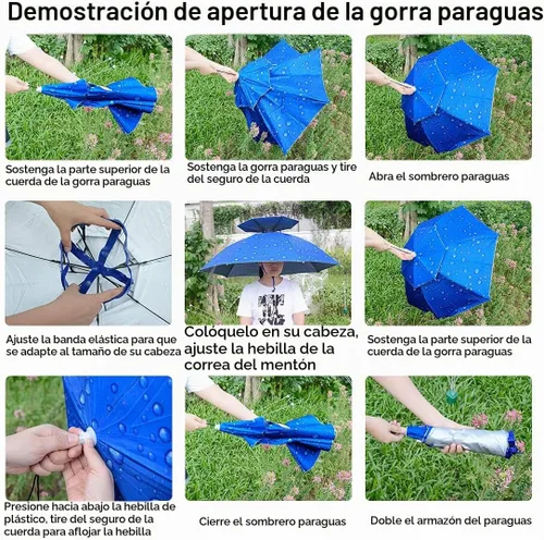 Vista 3 de Sombrero paraguas de pesca plegable ajustable, 37.4” extragrande, con manos libres, 7 nervaduras, impermeable, anti-UV, para pesca, jardinería