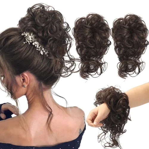 Vista 15 de 2 piezas de Extensiones de Cabello Estilo Moño Despeinado, QIAORUIXIN Extensiones de Cabello Superlargas Estilo Moño Alborotado, Envoltura Ondulada