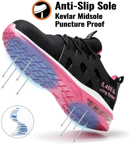 Vista 4 de Ifivky Zapatos de punta de acero para mujer, ligeros, transpirables, zapatos de trabajo cómodos, a prueba de pinchazos, antideslizantes, zapatos