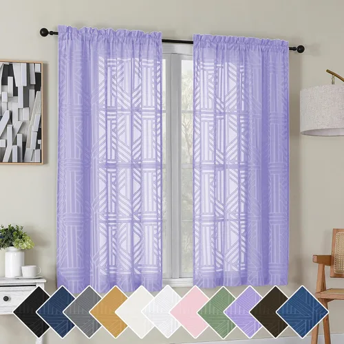 Vista 41 de Simplebrand Cortinas traslúcidas negras de cocina de 24 pulgadas de largo, 2 paneles, filtrado de luz, geométrico jacquard con textura, cortinas