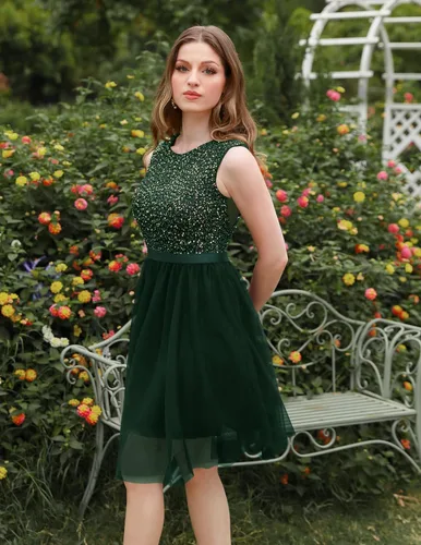 Vista 4 de BeryLove Vestido de lentejuelas vintage una línea de boda formal vestido de tul sin mangas vestido de cóctel mini vestido
