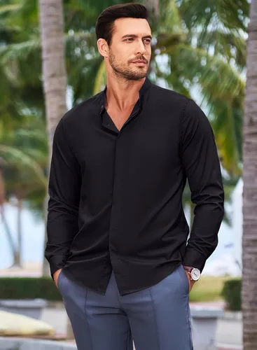 Vista 9 de JMIERR Mens Banded Collar Dress Shirts Casual Long Sleeve Mandarin Collar Button Down Shirt