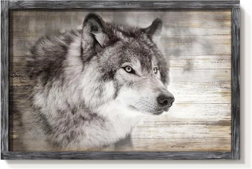 Vista 13 de Arte de Pared Enmarcado de Lobo: Pintura Moderna de Animales Salvajes de Madera Rústica Natural Imagen de Vida Silvestre Obra de Arte de Lobo Gris