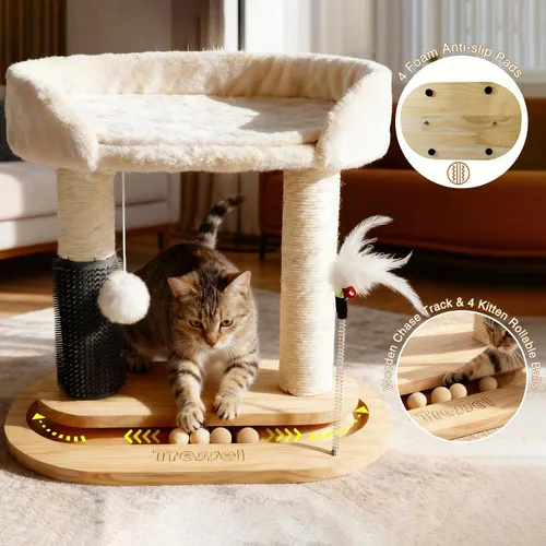 Vista 5 de Torre de árbol pequeño para gatos, poste rascador para gatos de 16.5 pulgadas de alto con cama, árbol para gatos 6 en 1 con cepillo de aseo