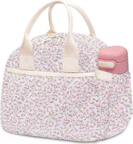 Vista 14 de Carry bloom Lonchera para mujer, lonchera aislada, bonita lonchera de pana reutilizable para el trabajo (1 rayas blancas y negras)