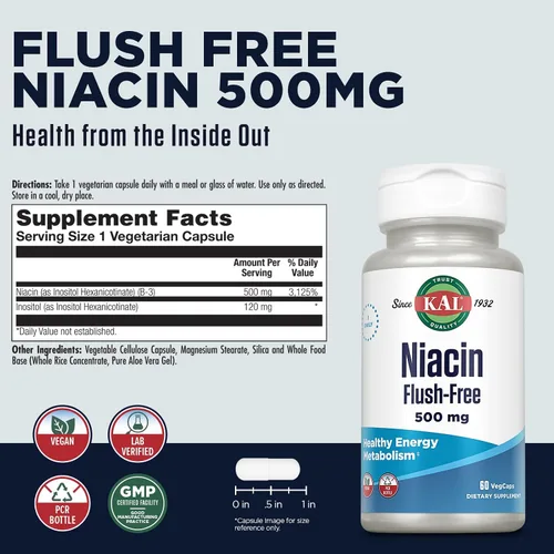 Vista 2 de KAL Niacin 500mg Flush Free - Suplemento de vitamina B3 - Metabolismo y apoyo energético - Apoyo a la piel, nervios, salud digestiva y circulación