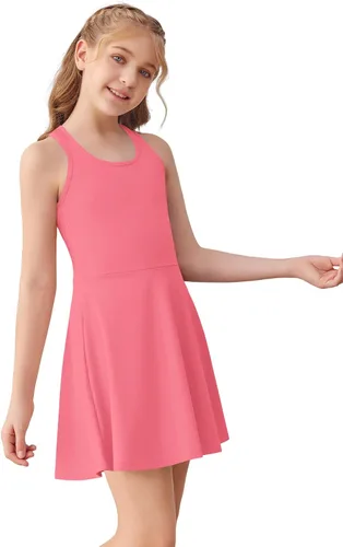 Vista 4 de Haloumoning Vestido de tenis sin mangas para niñas, vestido de golf con espalda cruzada para niños, vestido deportivo escolar con bolsillos cortos