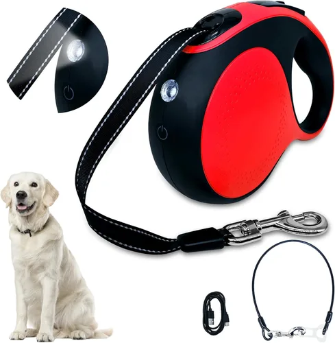 Vista 11 de Correa retráctil para perro con cable a prueba de mordeduras y linterna LED, correa resistente de 16 pies, adecuada para perros pequeños/medianos