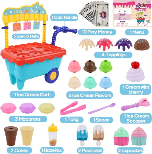 Vista 2 de Gifts2U Carrito de helado de juguete para niños, juego de 45 piezas de helado, tienda de juegos de simulación con carrito de almacenamiento