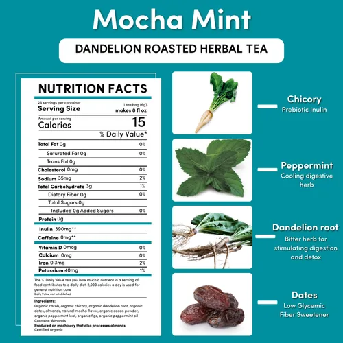Vista 2 de Teeccino Té de menta moca con diente de león, sin cafeína, té de hierbas tostadas con prebióticos, 3 veces más hierbas que las bolsas de té