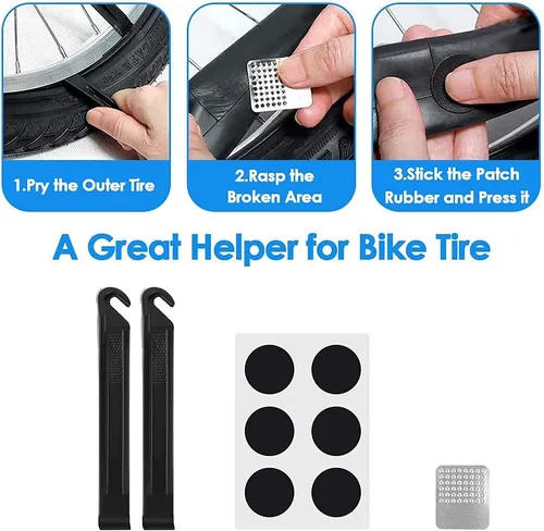 Vista 6 de WOTOW Kits de reparación de neumáticos de bicicleta, bolsa impermeable para sillín de bicicleta y mini bomba de 120 psi, palanca multifuncional