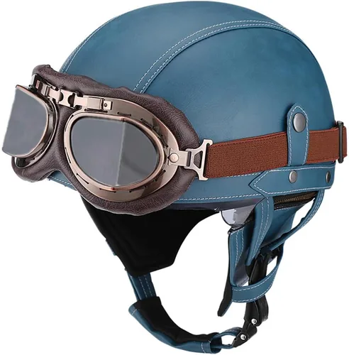 Vista 8 de Casco retro de cuero vintage para motocicleta, para hombres y mujeres, adultos, para scooter, bicicleta, crucero, con gafas y lente solar