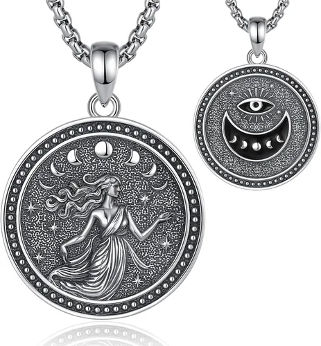 Vista 64 de EUDORA Collar de plata de ley 925 con moneda Hécate, Athena, Perséfono, Nyx, diosa de la luna triple, diosa celta, rueda de Hécate, llave, regalo