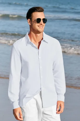 Vista 3 de Camisas de manga larga con botones para hombre, de lino, para playa, casuales, de algodón, ligeras, para verano, 1 blanco