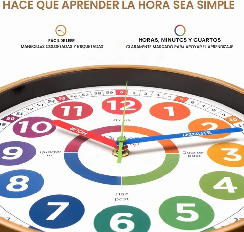 Vista 2 de Oyster&Pop Reloj de aprendizaje para niños - Reloj de enseñanza para decir la hora - Relojes de pared para niños para dormitorios - Decoración