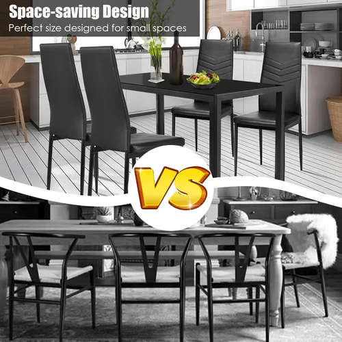 Vista 3 de Giantex Juego de 5 mesas de comedor para 4, mesa y sillas de cocina de vidrio moderna, mesa rectangular de marco de metal con cuero acolchado de 4