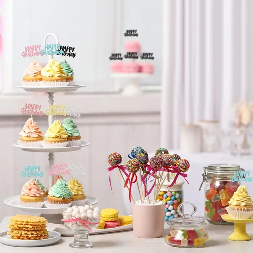 Vista 4 de Gyufise 24 piezas de decoración para pastel de cumpleaños con purpurina, adornos brillantes para pastel de cumpleaños, adornos de comida