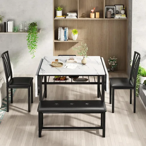 Vista 7 de AWQM Mesa de comedor de 4 piezas de mármol sintético con estante de almacenamiento, juego de mesa de rincón de desayuno que ahorra espacio con 2