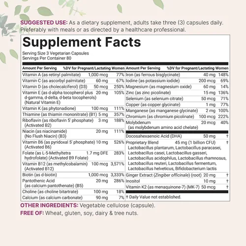 Vista 2 de Vitaminas prenatales metiladas puras para mujeres, 240 cápsulas vegetales 38 en 1 con DHA, colina, probióticos, manganeso, inositol y vitamina A