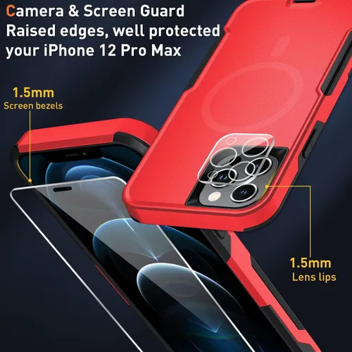 Vista 4 de Xmon Funda magnética para iPhone 12 Pro Max [probada contra caídas de grado militar y con MagSafe] Protector de pantalla de vidrio templado