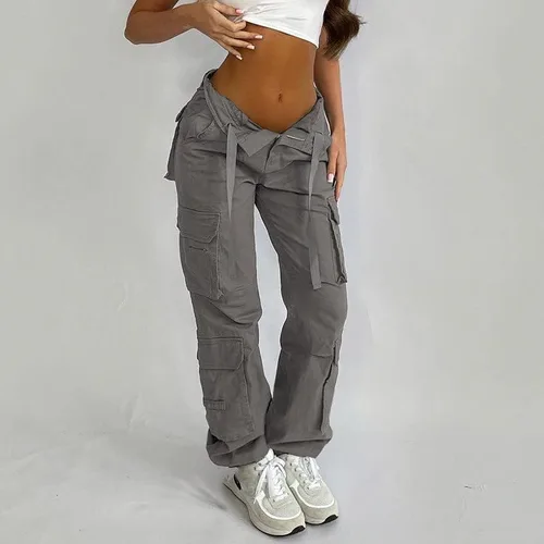 Vista 5 de Pantalones cargo de tiro bajo para mujer, pantalones de paracaídas holgados Y2K, ropa de calle, pantalones sueltos de cintura alta, pantalones