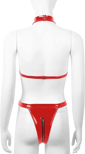 Vista 5 de Lencería sexy para mujer para sexo travieso de cuero con cremallera hueca de una pieza de peluche babydoll corsé