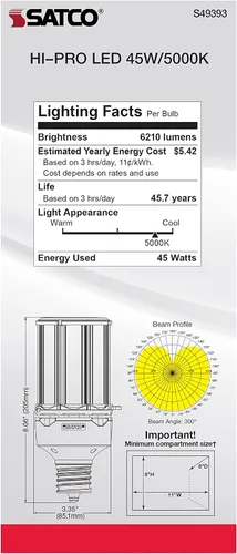 Vista 7 de Satco S49393 Bombilla LED de mazorca de maíz, base extendida Mogul, 45 W, clasificación de 35000 horas, 6210 L, luz natural