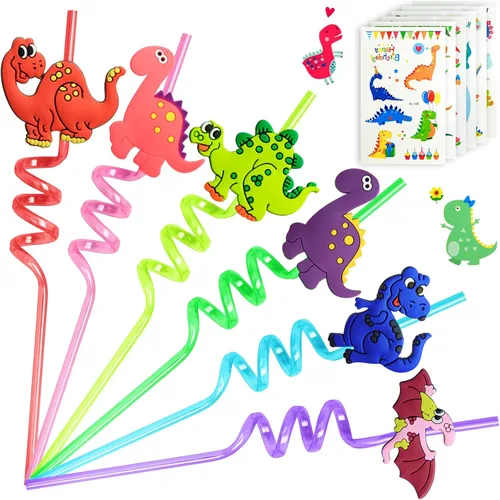 Vista 8 de 24 pajitas de plástico reutilizables de dinosaurio + 6 tatuajes temporales de dinosaurios para niños y niñas Suministros de fiesta de cumpleaños