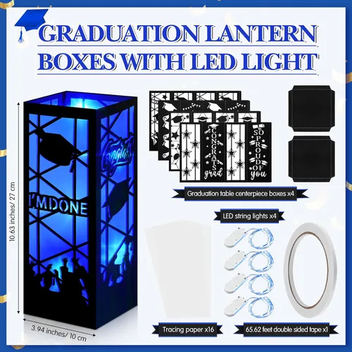 Vista 3 de Feifeiya 4 piezas de centros de mesa de graduación 2026, faroles de mesa de graduación de clase 2026 con tira de luces LED para felicitaciones, Azul