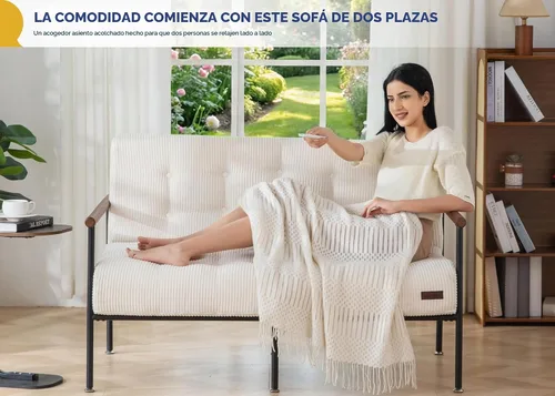 Vista 8 de MAXYOYO Silla decorativa para sala de estar, sofá biplaza con marco de metal resistente y reposabrazos de madera, sofá pequeño tapizado con botones