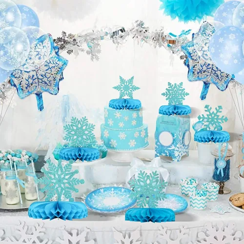 Vista 4 de Gyufise Paquete de 6 centros de mesa con forma de panal de abeja de copo de nieve, decoración de mesa de congelado, centros de mesa para decoración
