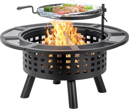 Vista 9 de Verdeluxe Hoguera al Aire Libre de 91 cm con Parrilla, Hogueras de Leña para Exteriores con Tapa y Atizador, Mesa de Hoguera 3 en 1 de Metal