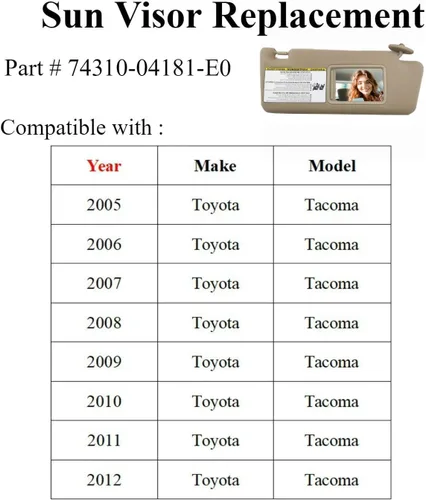 Vista 6 de SAILEAD - Visera solar para el lado derecho del pasajero compatible con Toyota Tacoma 2005 2006 2007 2008 2009 2010 2011 2012 Ensamblaje de visera