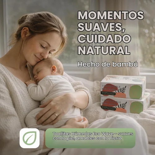 Vista 2 de Eco Wave - Toallitas de bambú ecológicas 100% compostables, sin perfume, hipoalergénicas, veganas, sin alcohol, adecuadas para pieles sensibles