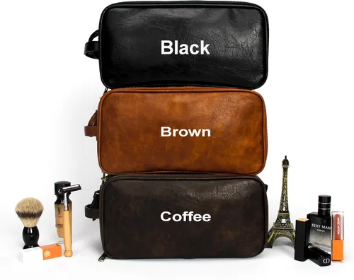 Vista 5 de Neceser de cuero personalizado para hombre, kit de afeitado de viaje, bolsa de cosméticos grande, organizador de baño, Negro