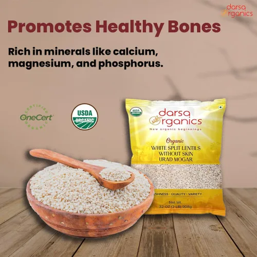 Vista 3 de Darsa Organics Urad Dal Split Without Skin (Urad Mogar) 2 libras – Lentejas partidas de matpe blanco orgánico USDA Sin OMG, proteína a base