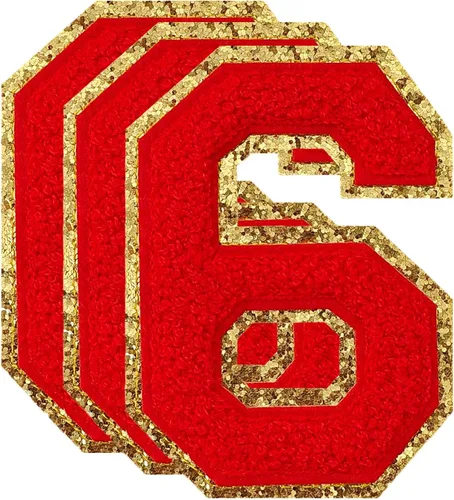 Vista 24 de 3 parches de letras de felpilla roja, parches de letras termo-adhesivas de 4-1/2" con brillantina para ropa, S