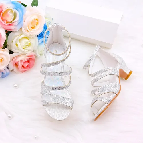 Vista 5 de Zapatos de tacón alto para niñas, zapatos de vestir para fiesta de boda, sandalias de tacón alto para niñas pequeñas y grandes