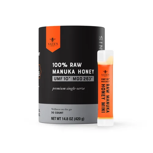 Vista 13 de Nate's Manuka Honey Minis - 10 unidades de una sola porción, miel de manuka pura - MGO 83+ Certificado UMF 5+ - 10 paquetes de una sola porción