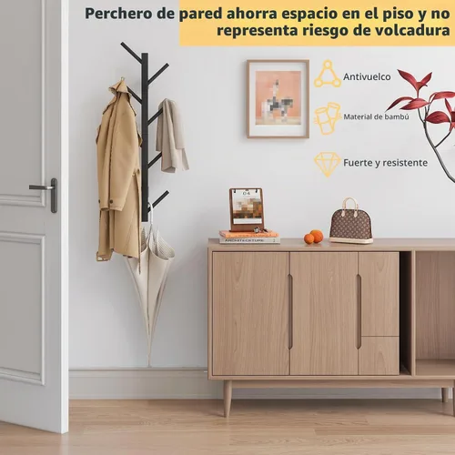 Vista 4 de Perchero de pared vertical de bambú para pared, perchero de pared, árbol, perchero, perchero flotante para sombreros, chaquetas, bolsos, entrada