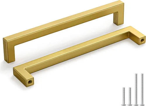 Vista 11 de Homdiy Paquete de 30 tiradores de bronce cepillado dorado de 3- 1/2 pulgada, cuadrados, herrajes para gabinete de cocina, armarios; 3- 1/2 pulgadas