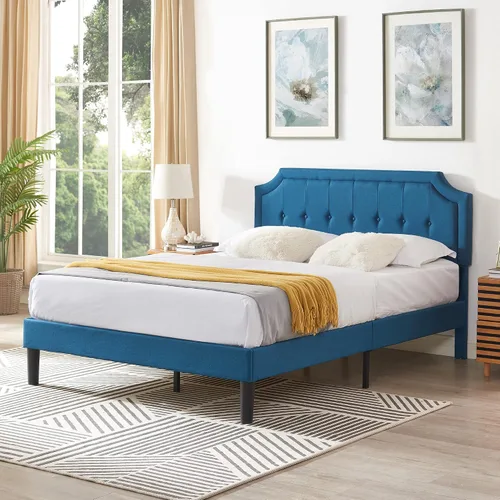 Vista 4 de VECELO Cama de plataforma tapizada de alta calidad, marco de metal y soporte de 12 listones de madera fuertes, base de colchón/cabecera de panel